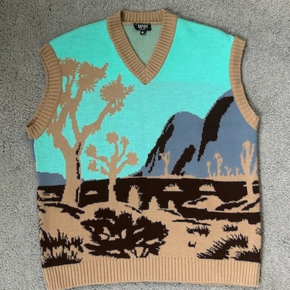 BooHoo MAN Knitted Seater Vest - Size M - Great Outdoor Scenic Pattern - EUC